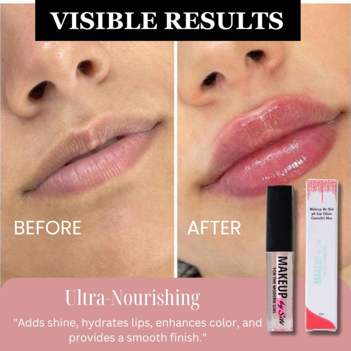 Makeup By Siti PH Graceful Hue Lip Gloss in a clear tube with a soft pink shade and applicator brush visible.