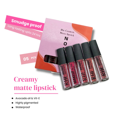 Rhe Cosmetics VelvetCrush Matte Waterproof, Non-Transfer, Long Lasting Liquid Lipstick- Pack of 5