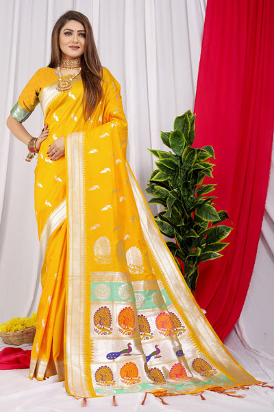 Indyancart GR Women's Chandramukhi Yellow Zari Paithani Silk Saree