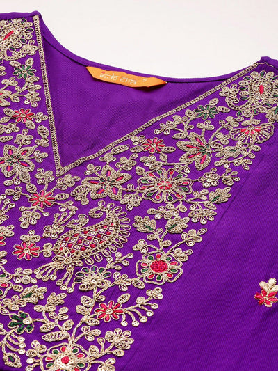Indyancart IE Floral Embroidered Pleated Aari Work Liva Kurta With Trousers & Dupatta