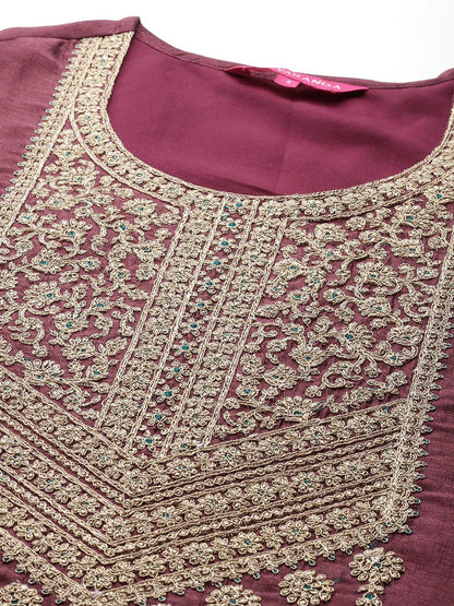Indyancart VA Ethnic Motifs Embroidered Zari Kurta with Palazzos & Dupatta