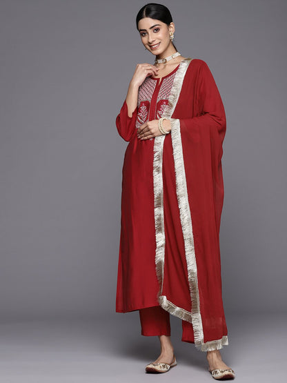 Indyancart VA Women's Red Floral Embroidered Sequinned Kurta with Trousers & With Dupatta