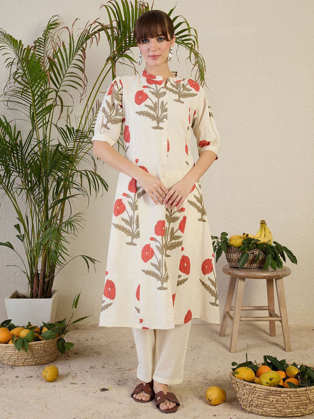 Indyancart IE Floral Printed Mandarin Collar A-Line Kurta