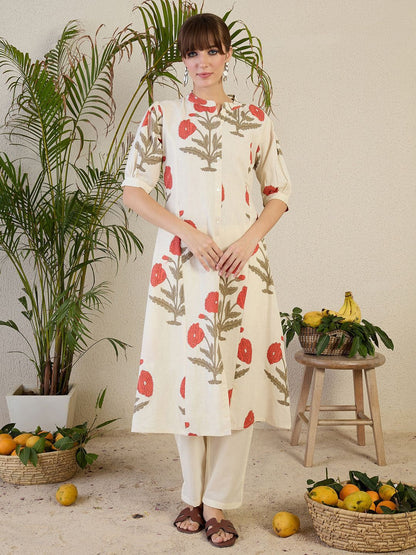 Indyancart IE Floral Printed Mandarin Collar A-Line Kurta