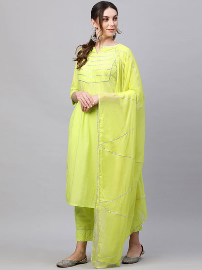 Indyancart IE Women Fluorescent Green Yoke Design Gotta Patti Pure Cotton Kurta with Palazzos & With Dupatta