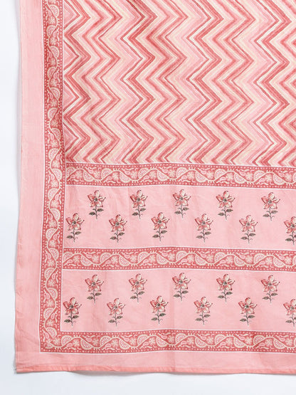 Indyancart IE Floral Printed Empire Mirror Work Pure Cotton Kurta With Trousers & Dupatta
