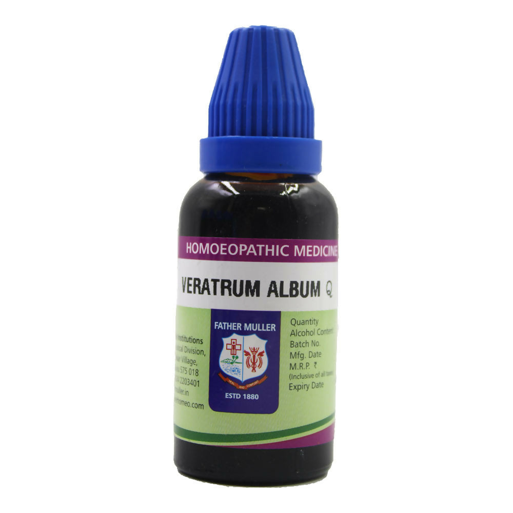 Father Muller Veratrum Album Mother Tincture Q bottle with label on a white background, showcasing the medicinal product.