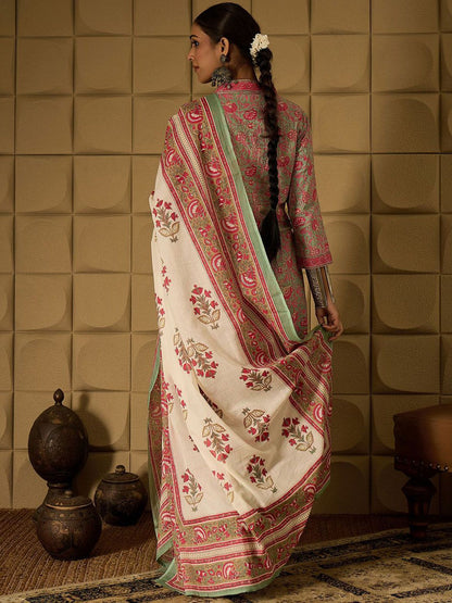 Indyancart IE Floral Printed Pure Cotton Straight Kurta with Salwar & Dupatta