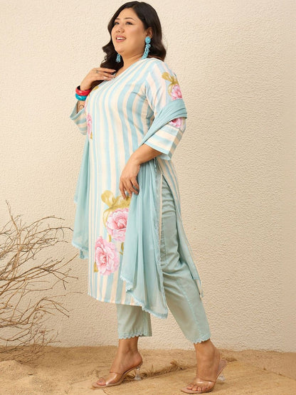 Indyancart Women's Floral Printed Regular Kurta with Trousers & With Dupatta