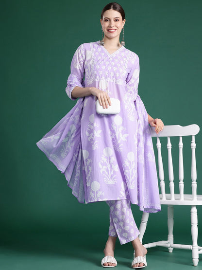 Indyancart IE Floral Printed Sequinned Pure Cotton Kurta With Trousers & Dupatta