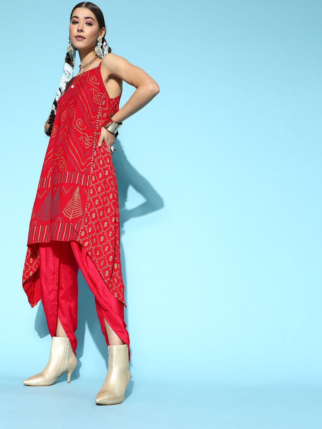 Dhiyona IE Women Red Ethnic Motifs Printed Kurta with Dhoti Pants