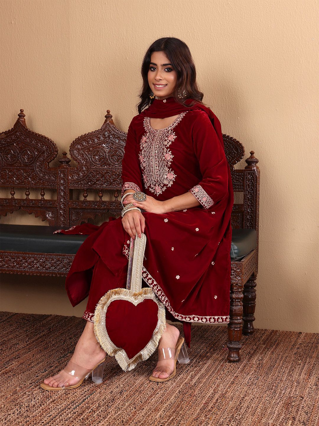 Indyancart VA Women'sMaroon Floral Yoke Design Sequinned Velvet Straight Kurta with Trousers & Dupatta