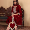 Indyancart VA Women'sMaroon Floral Yoke Design Sequinned Velvet Straight Kurta with Trousers & Dupatta