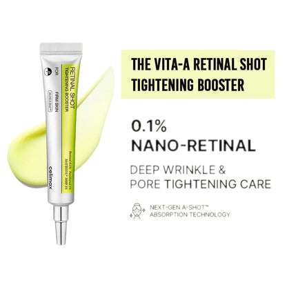 Celimax The Vita-A Retinal Shot tightening booster bottle, anti-aging serum for dark spots and wrinkles, skincare product.