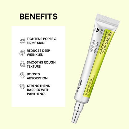 Celimax The Vita-A Retinal Shot Tightening Booster bottle with dropper, anti-aging serum for dark spots and wrinkle reduction.