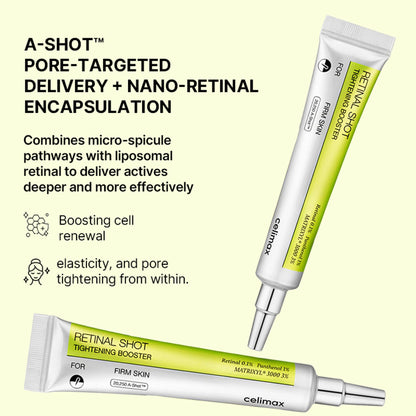 Celimax The Vita-A Retinal Shot tightening booster bottle, anti-aging serum for dark spots and wrinkles, skincare product on a white background.