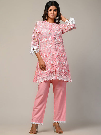 Indyancart IE Embroidered Mandarin Collar Pure Cotton Tunic With Trouser