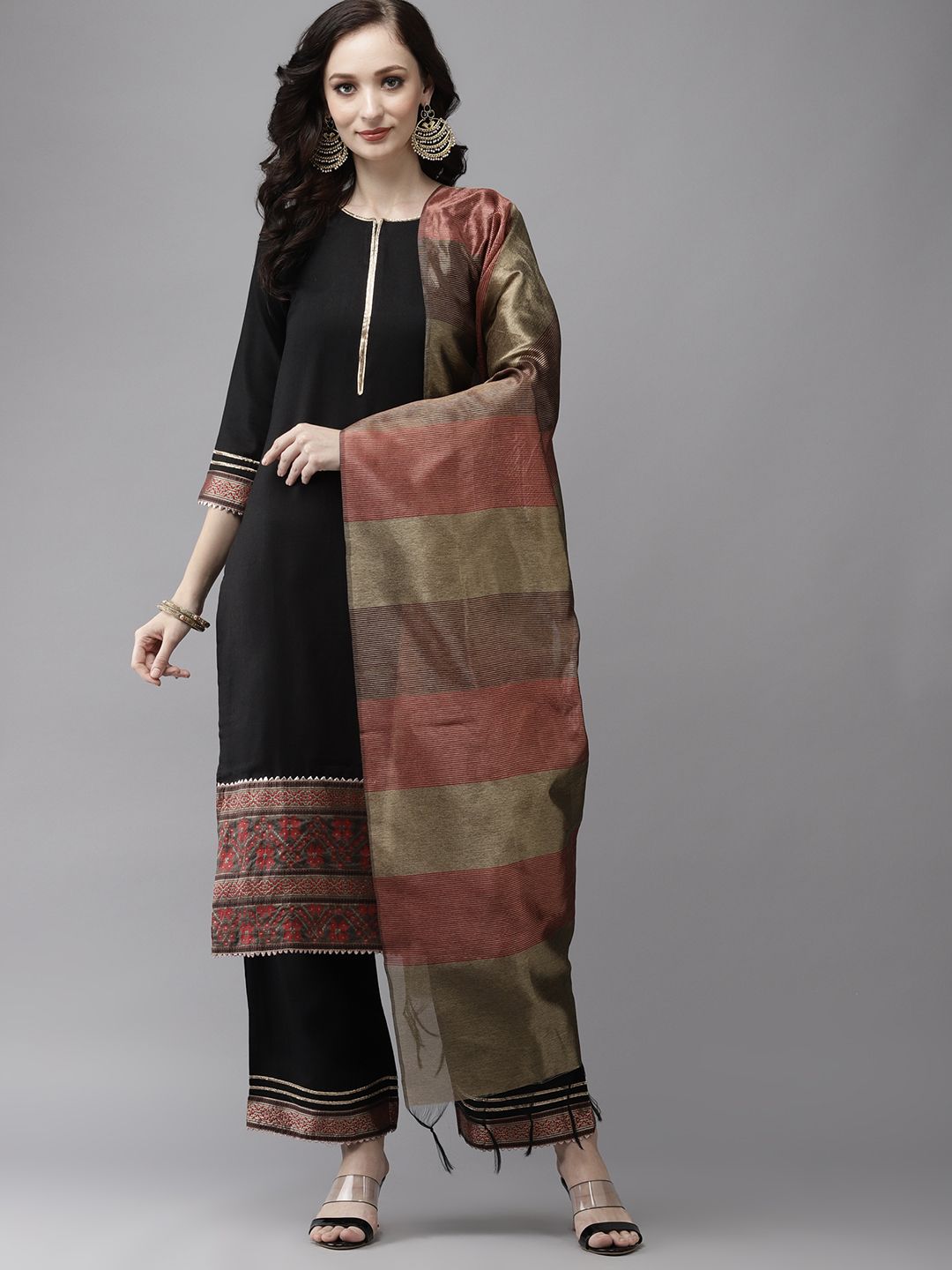 Women Black Yoke Design Regular Gotta Patti Kurta with Palazzos & With Dupatta