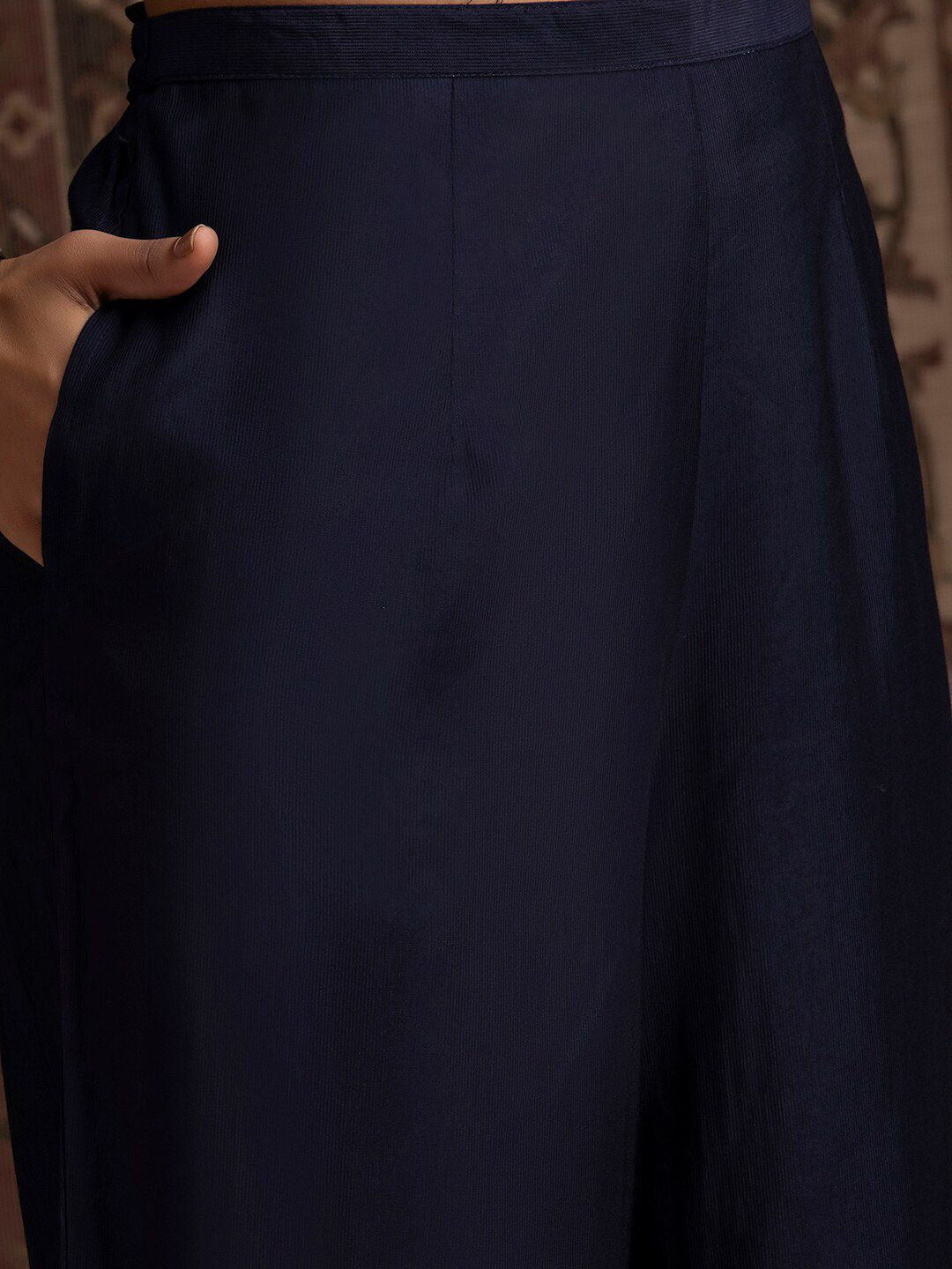 Indyancart IE Navy Blue Thread Work Liva Kurta With Palazzos & Dupatta