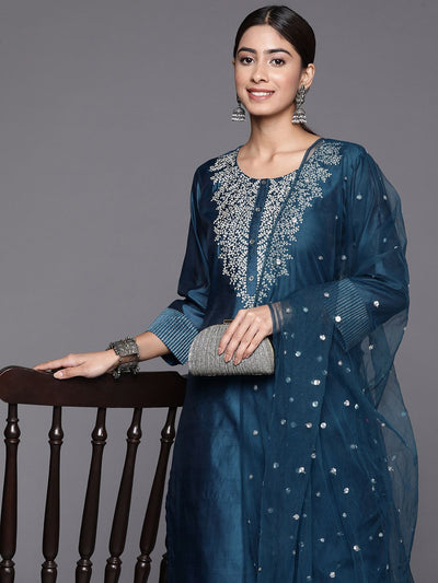 Indyancart VA Women'sFloral zari Embroidered Chanderi Silk Kurta with Trousers & Dupatta