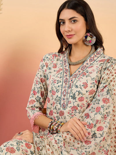 Indyancart SN Women's Floral Printed Pure Cotton V Neck Kurta With Trousers & Dupatta