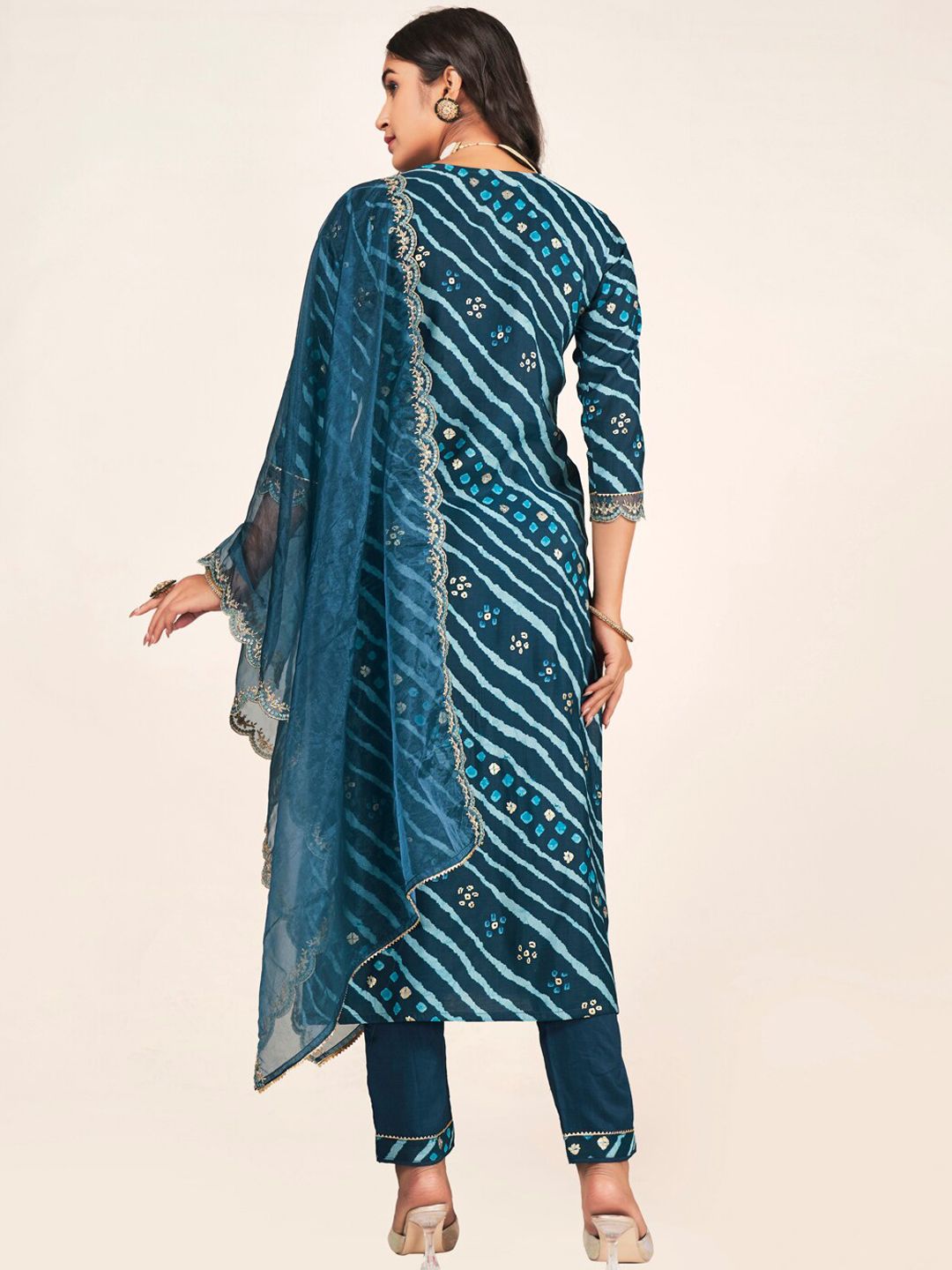 Indyancart SN Women's Leheriya Embroidered Straight Kurta With Trousers & Dupatta