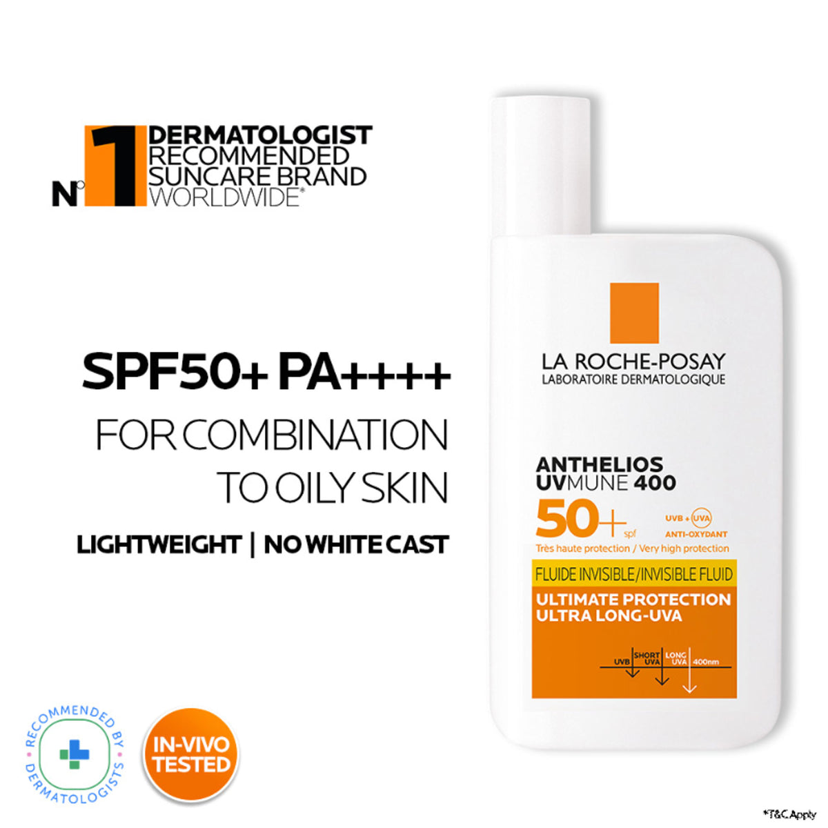 La Roche-Posay Anthelios UVMUNE400 SPF50+ ultra-light invisible fluid sunscreen bottle for sensitive skin, shown with pump dispenser.