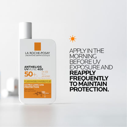 La Roche-Posay Anthelios UVMUNE400 SPF50+ invisible fluid sunscreen bottle with applicator for sensitive skin.
