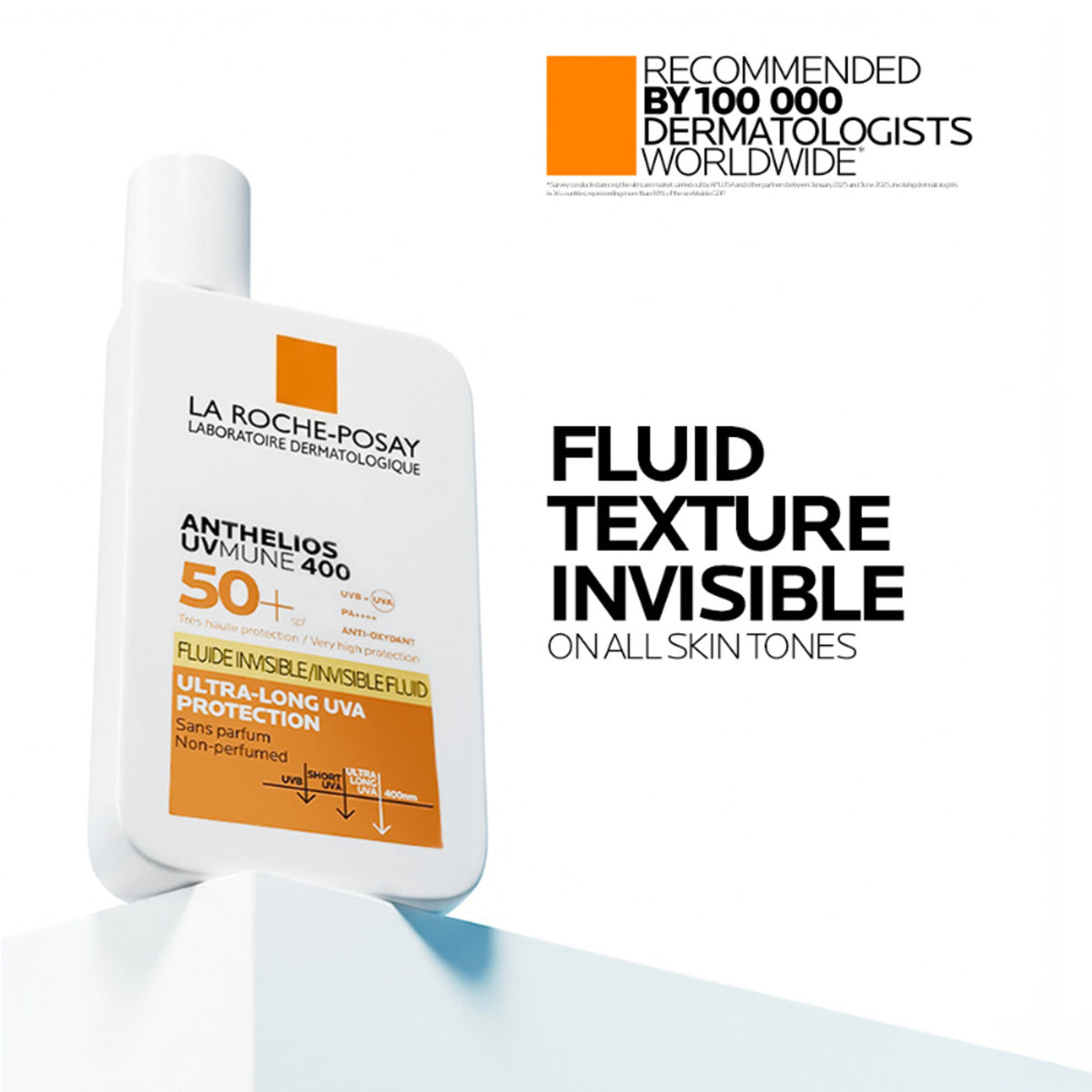La Roche-Posay Anthelios UVMUNE400 SPF50+ invisible fluid sunscreen bottle with ultra-light, sensitive skin formula.