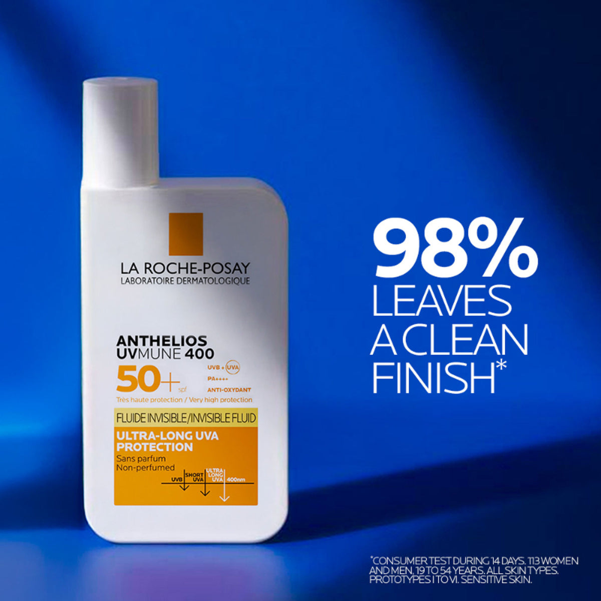 La Roche-Posay Anthelios UVMUNE400 SPF50+ invisible fluid sunscreen in a lightweight bottle for sensitive skin
