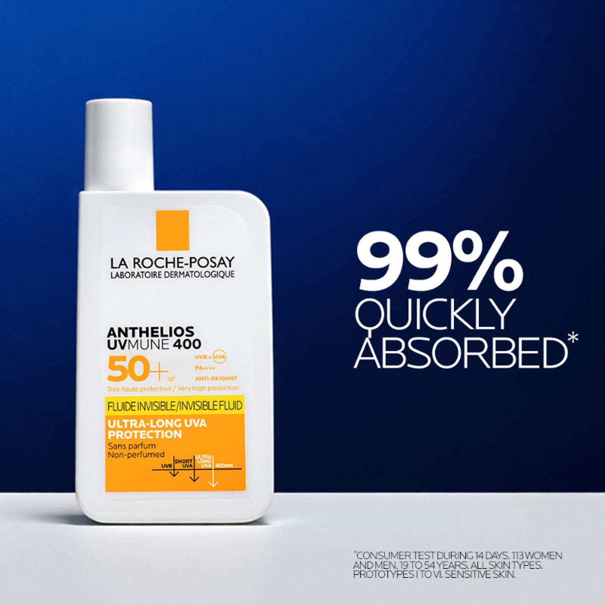 La Roche-Posay Anthelios UVMUNE400 SPF50+ invisible ultra-light sunscreen fluid for sensitive skin, shown in a clear bottle.