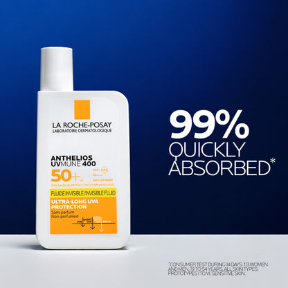 La Roche-Posay Anthelios UVMUNE400 SPF50+ invisible ultra-light sunscreen fluid for sensitive skin, shown in a clear bottle.