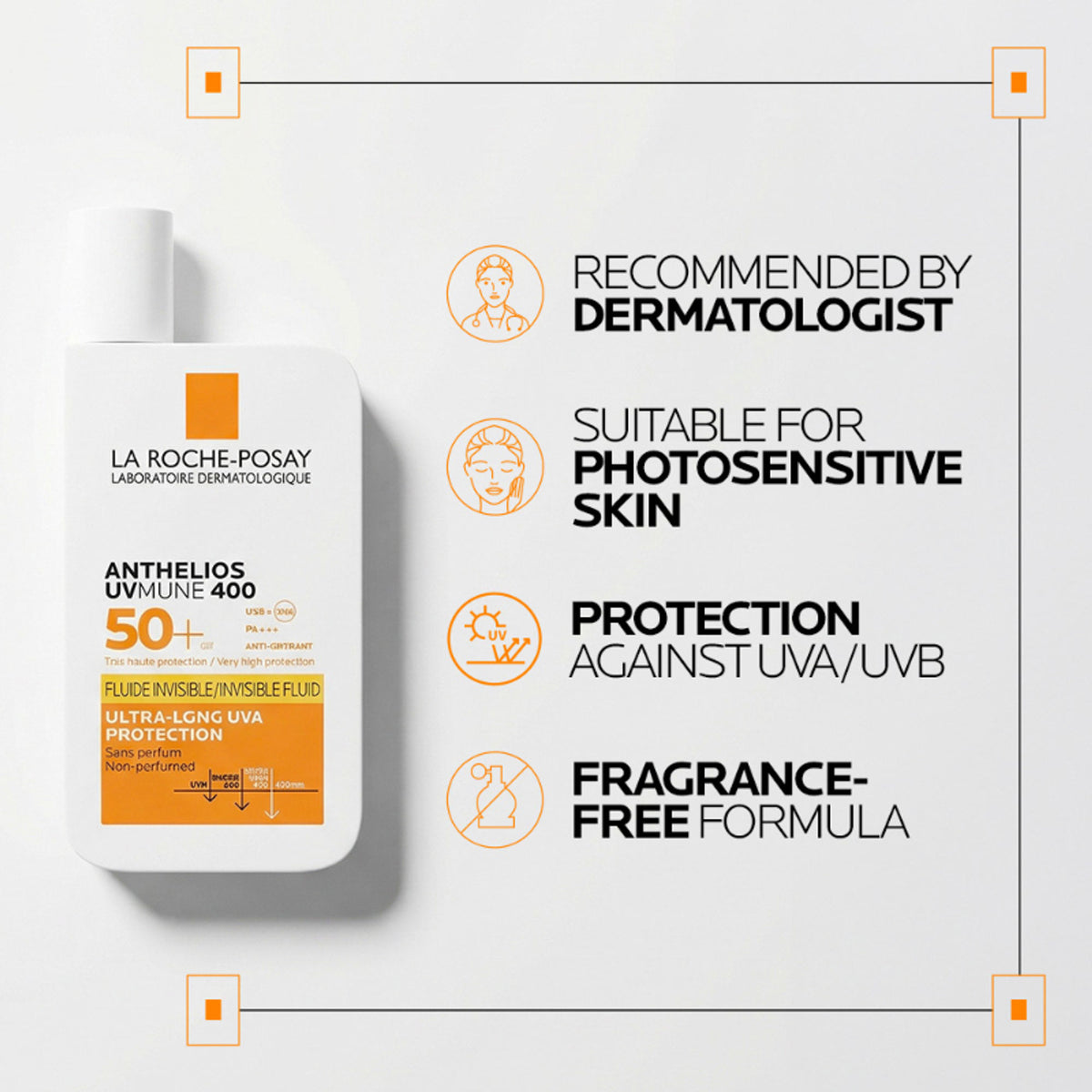 La Roche-Posay Anthelios UVMUNE400 SPF50+ invisible fluid sunscreen in a sleek bottle, suitable for sensitive skin.