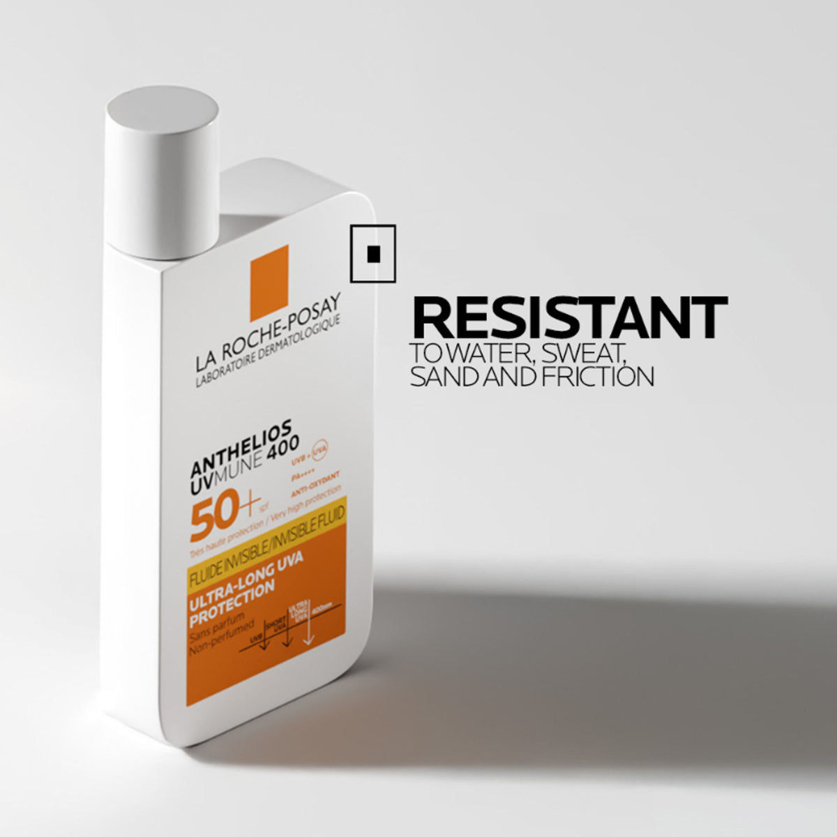 La Roche-Posay Anthelios UVMUNE400 SPF50+ invisible fluid sunscreen in a sleek, lightweight bottle for sensitive skin.