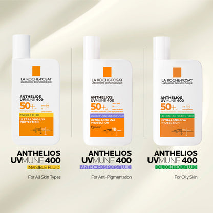 La Roche-Posay Anthelios UVMUNE400 SPF50+ oil control sunscreen tube with matte finish for oily skin, displayed on a plain background.