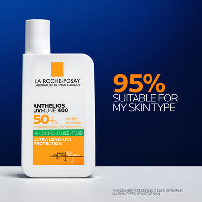 La Roche-Posay Anthelios UVMUNE400 SPF50+ oil control sunscreen bottle with matte finish for oily skin.