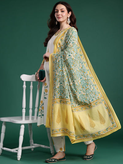 Indyancart IE Floral Printed Regular Pure Cotton Kurta with Trousers & With Dupatta