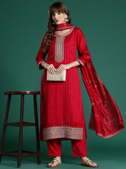 Ethnic Motifs Embroidered Sequinned Kurta with Trousers & With Dupatta
