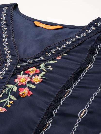 Indyancart IE Women Floral Embroidered Panelled Thread Work Kurta with Trousers & With Dupatta