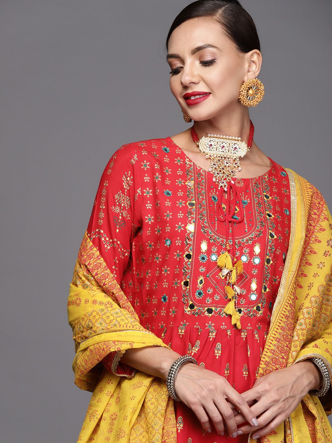 Indyancart IE Women Red & Yellow Ethnic Motifs Printed Sequinned Kurta with Trousers & Dupatta