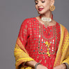 Indyancart IE Women Red & Yellow Ethnic Motifs Printed Sequinned Kurta with Trousers & Dupatta