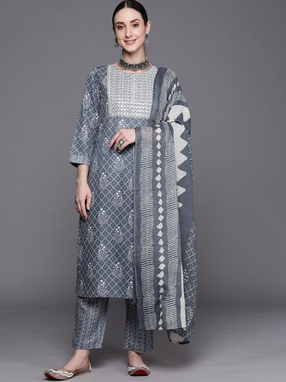 Indyancart IE Bandhani Printed Regular Thread Work Pure Cotton Kurta With Trousers & Dupatta
