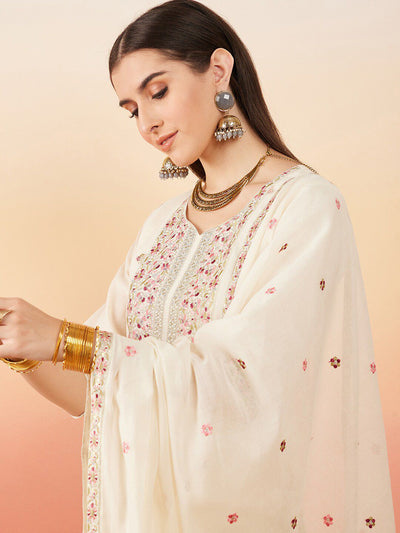 Indyancart SN Women's Floral Embroidered Pure Cotton Straight Kurta With Palazzo & Dupatta