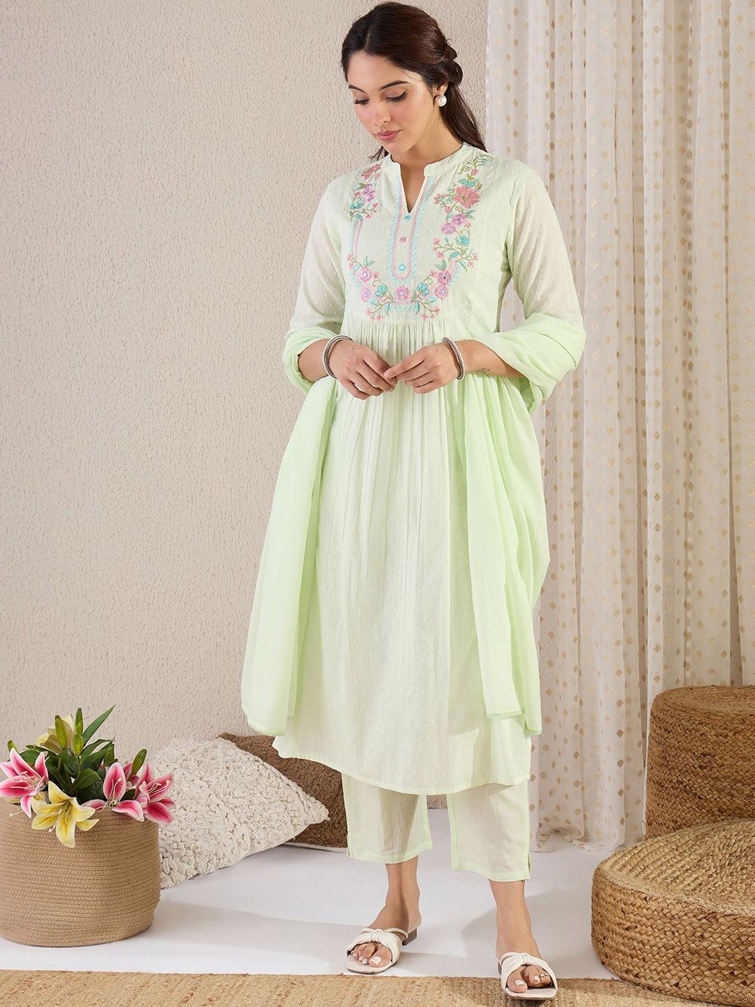 Indyancart IE Embroidered Mandarin Collar A-Line Pure Cotton Kurta With Trousers And Dupatta