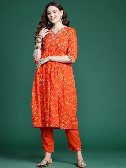 Dhiyona IE Bandhani Embroidered Empire Pure Cotton Kurta with Trousers