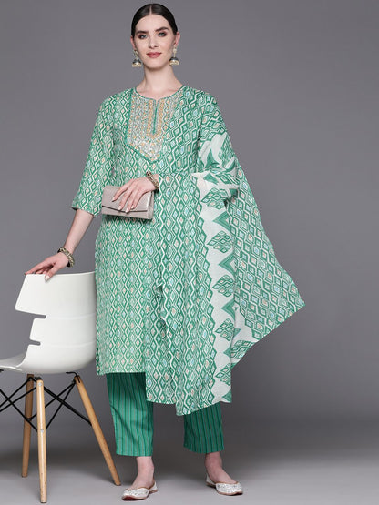 Indyancart IE Women Embroidered Sequinned Pure Cotton Kurta with Trousers & With Dupatta