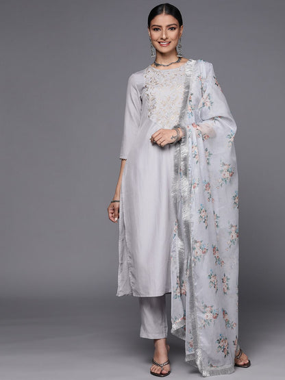 Indyancart VA Women's Lavender Ethnic Motifs Embroidered Thread Work Kurta with Trousers & With Dupatta
