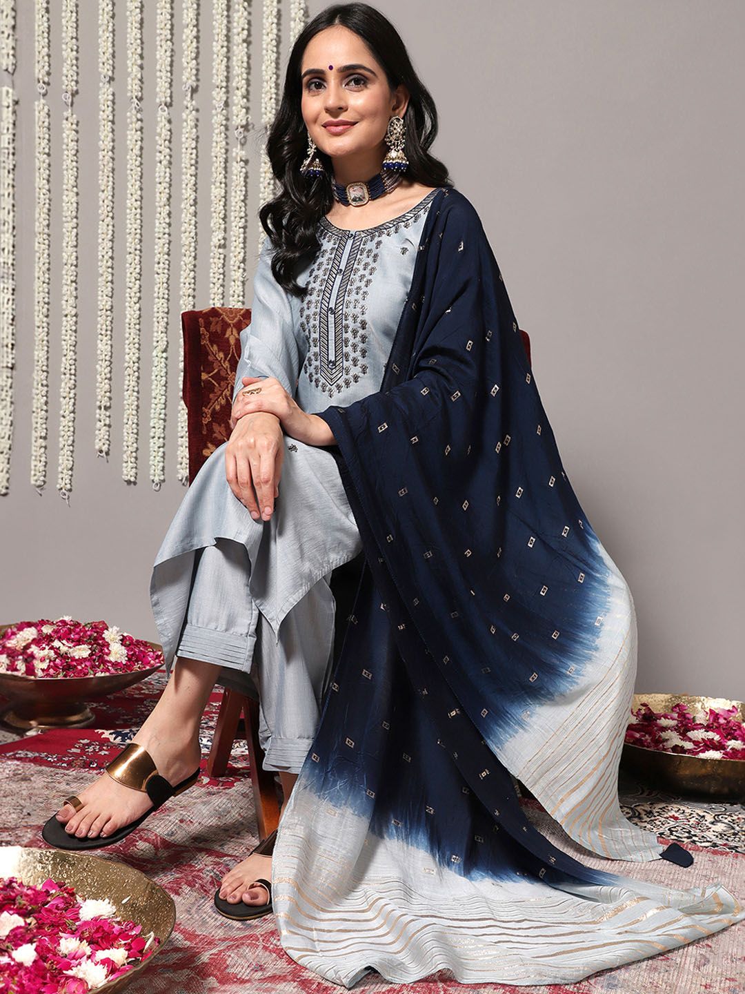 Indyancart VA Women's Sequinned Kurta with Trousers & With Dupatta