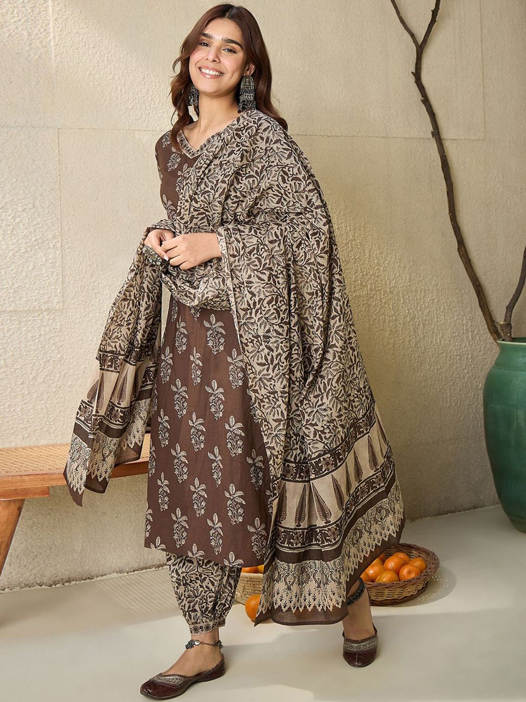 Indyancart IE Floral Printed V Neck Pure Cotton Kurta With Salwar & With Dupatta