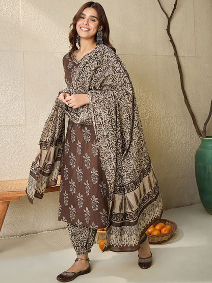 Indyancart IE Floral Printed V Neck Pure Cotton Kurta With Salwar & With Dupatta